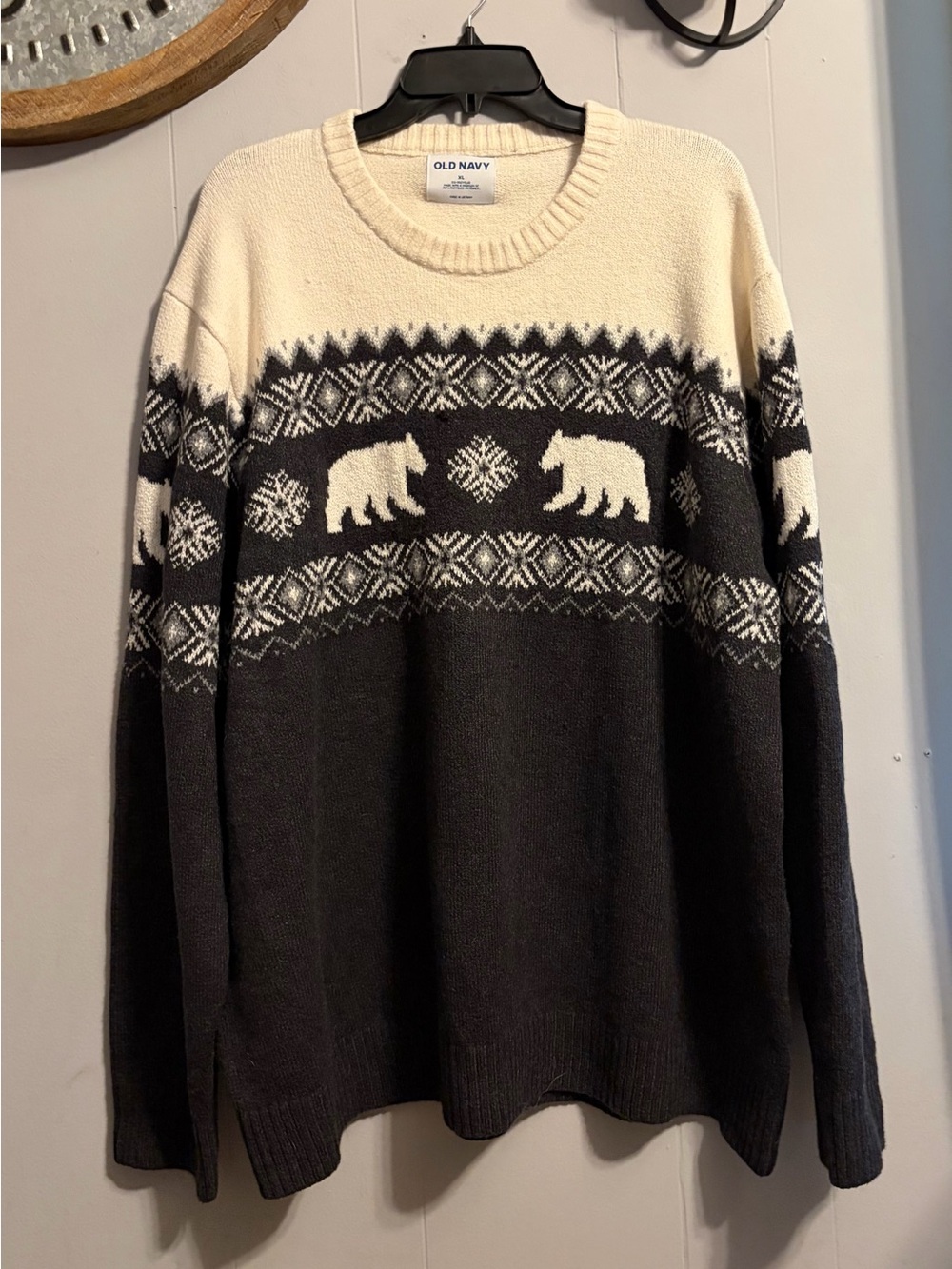 Old Navy Men’s Cream and Black Fair Isle Polar Bear Crewneck Sweater